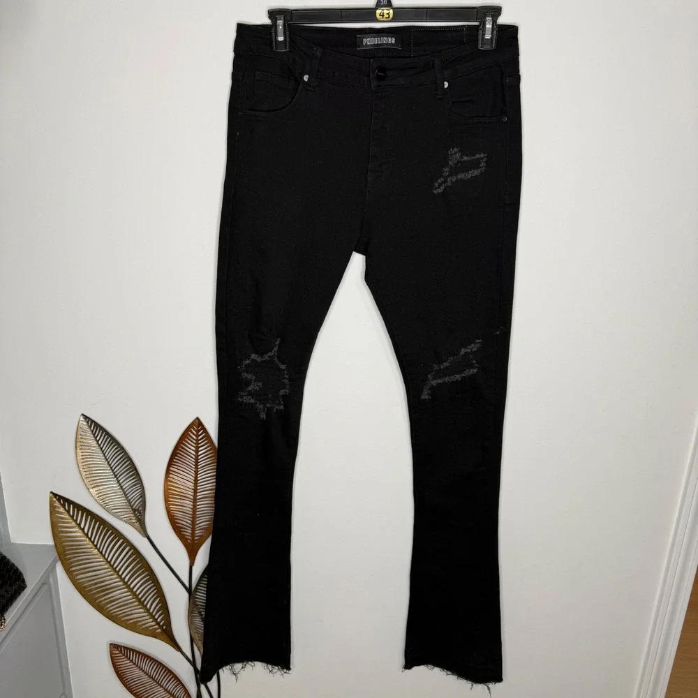 Pheelings Mens Distressed Skinny Jeans Black Ripped Frayed Hem Sz 34 Streetwear - Picture 2 of 9